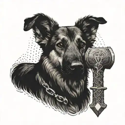 2 year old GSD sitting and holding mjölnir thor's hammer  tattoo design idea