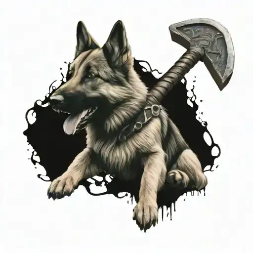 GSD dog sitting and holding mjölnir thor's hammer tattoo design idea
