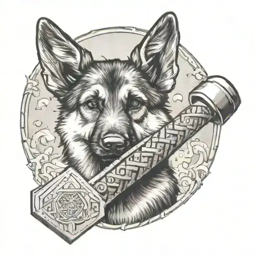 2 year old GSD holding mjölnir thor's hammer tattoo design idea