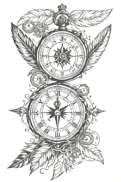 clock compass feather tattoo design idea