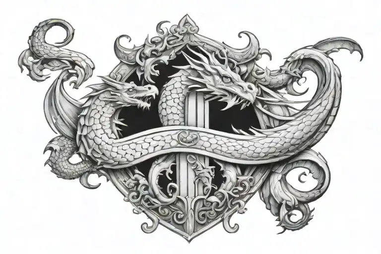  dragon with pisces and Gemini on shield cross royalty tattoo design idea