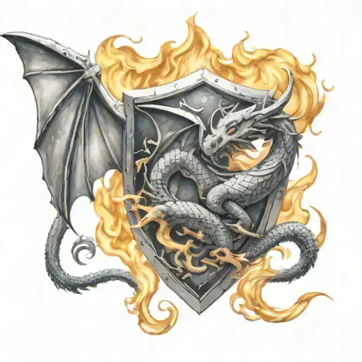  dragon with pisces and Gemini symbol on shield coming out of fire tattoo design idea