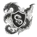 Shield with dragon with pisces and Gemini symbol coming out of fire tattoo design idea