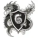 Shield with dragon with pisces and Gemini symbol coming out of fire tattoo design idea