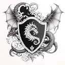 Shield with dragon with pisces and Gemini symbol coming out of fire tattoo design idea