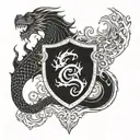Shield with dragon with pisces and Gemini symbol coming out of fire tattoo design idea