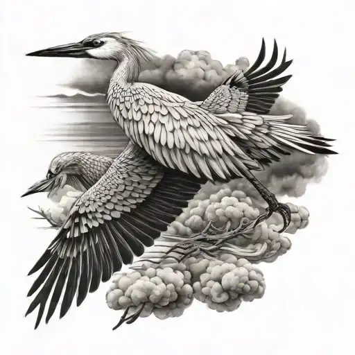 crane bird flying in the stripe clouds  tattoo design idea