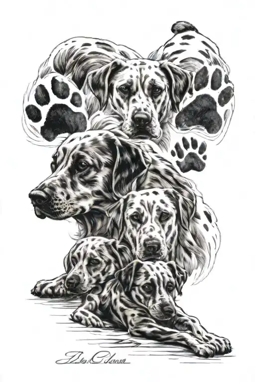 five detailed and textured paw prints - three from dogs and two from cats. tattoo design idea