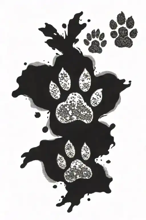 five detailed and textured paw print memorial tattoo - three paw printss from dogs and two paw prints from cats. tattoo design idea