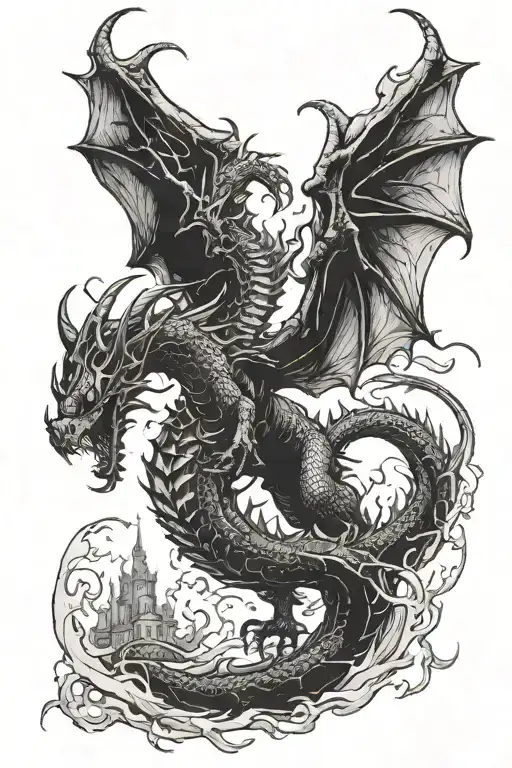 A dragon custoding a gothic whit a demon in the air tattoo design idea
