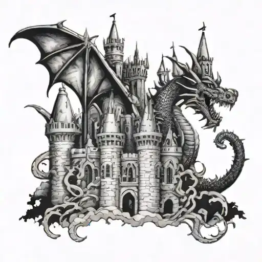 A dragon breathing fire onto a gothic castle with intricate stone carvings and winding towers tattoo design idea