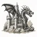 A dragon breathing fire onto a gothic castle with intricate stone carvings and winding towers tattoo design idea
