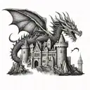 A dragon breathing fire onto a gothic castle with intricate stone carvings and winding towers tattoo design idea
