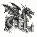 A dragon breathing fire onto a gothic castle with intricate stone carvings and winding towers tattoo design idea