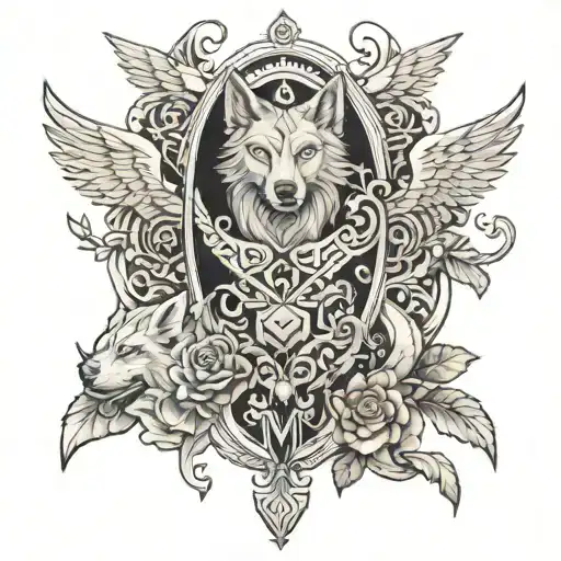 Zelda theme full leg sleeve with a wolf an angel and located in venezuela  tattoo design idea