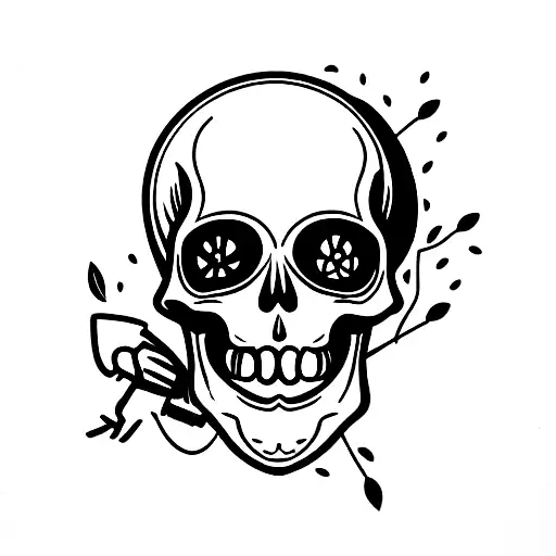 Skeleton pulling the trigger of a gun towards his own head and flowers coming out the other side of the skull tattoo design idea