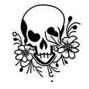 Skeleton pulling the trigger of a gun towards his own head and flowers coming out the other side of the skull tattoo design idea