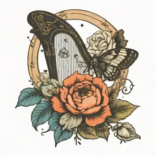 cosmia moth and wooden harp with peonies and poppies carved in, Ursa Major constellation behind harp tattoo design idea