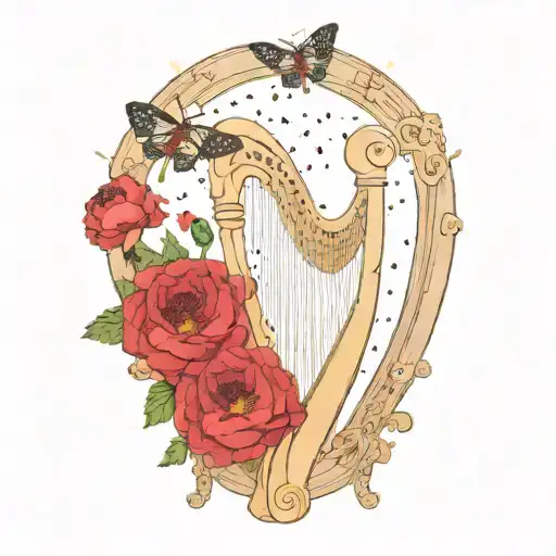 Cosmia Moth And Wooden Harp With Peonies And Poppies Carved In, Ursa Major Constellation Behind Harp" tattoo design idea