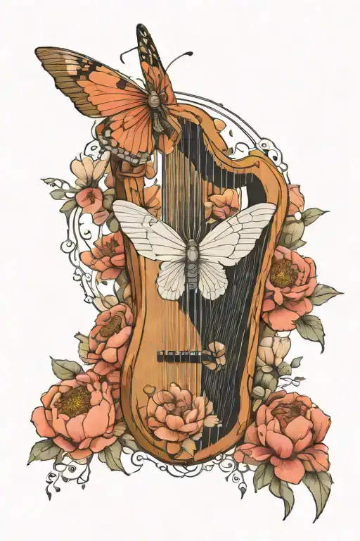 Cosmia Moth And Wooden Harp With Peonies And Poppies Carved In, Ursa Major Constellation Behind Harp" tattoo design idea