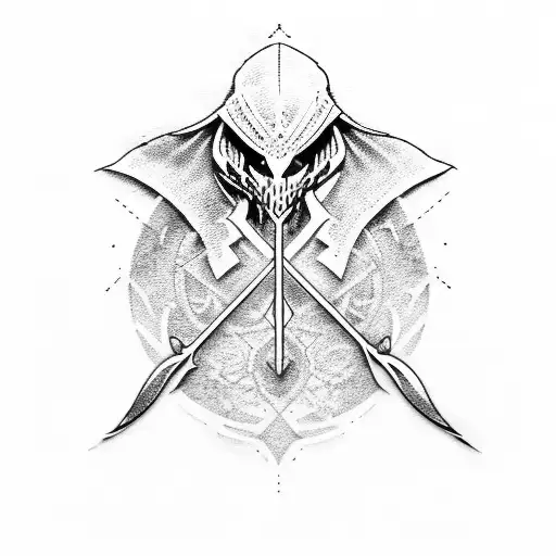 A dotwork tattoo of the Assassin's Creed symbol integrated with a reaper scythe tattoo design idea