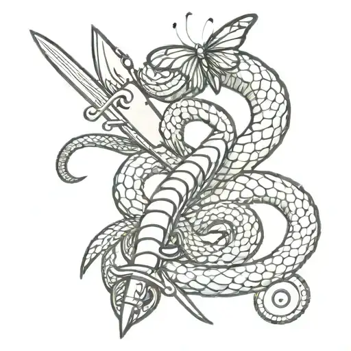 A minimalist design of a snake coiled around a dagger, with a butterfly resting on the blade tattoo design idea