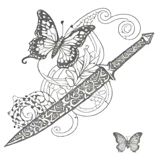 A dagger with a handle made of intricate snake patterns, with a butterfly perched on the tip, combining the client's favorite elements in a unique way tattoo design idea