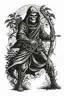 grim reaper with archery bow hunting scene tattoo design idea
