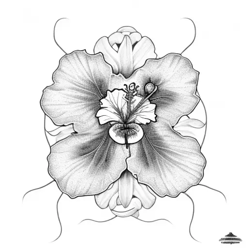 A blackwork tattoo of a hibiscus flower intertwined with a bee hive tattoo design idea