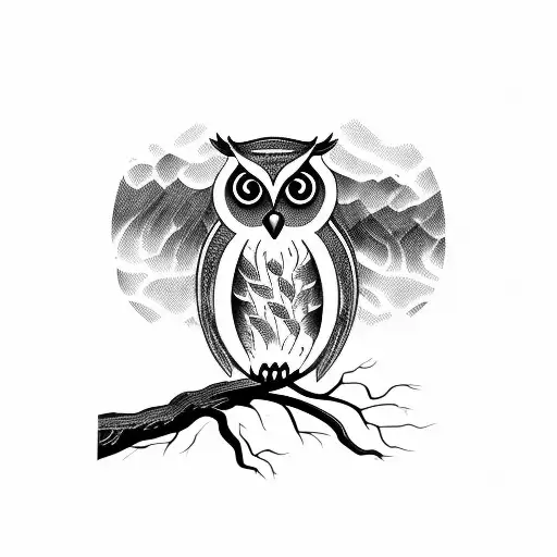 owl hanging from a branch of a large tree tattoo design idea