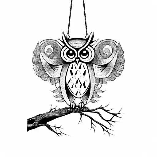 owl hanging from a branch of a large tree tattoo design idea