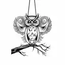 owl hanging from a branch of a large tree tattoo design idea