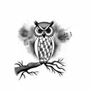 owl hanging from a branch of a large tree tattoo design idea