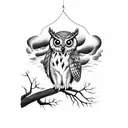 owl hanging from a branch of a large tree tattoo design idea