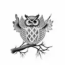 owl hanging from a branch of a large tree tattoo design idea