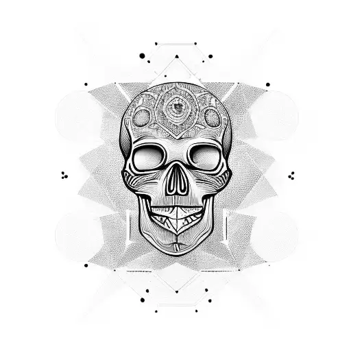 skull surrounded with geometric shapes and intuition eye  tattoo design idea