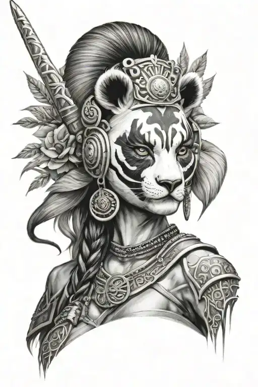 Warrior woman with panda face on her head tattoo design idea