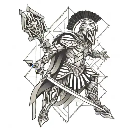 geometric design historycal and spartan warrior full leg tattoo design idea