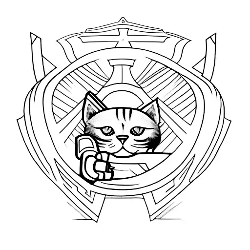 A minimalist tattoo of a cat silhouette holding thor's hammer and captain america's shield tattoo design idea