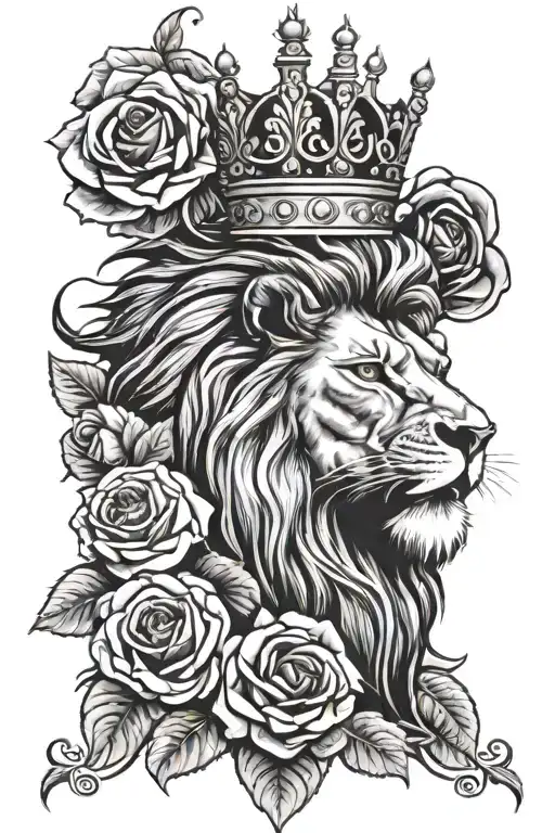 lion roaring with crown on roses tattoo design idea