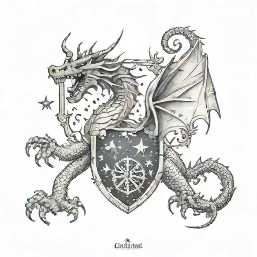 create a coat of arms with an eastern dragon and the constellation Orion. must contain the name BRUSSAX Family at the bottom tattoo design idea
