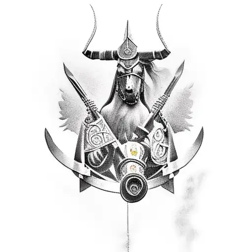 ukranian tryzub symbol tattoo bold, ukranian kozak warrior riding a horse as a mural over the existing trident  tattoo design idea
