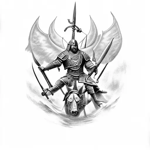 ukranian tryzub tattoo bold, ukranian kozak warrior riding a horse as a mural over the existing trident tattoo design idea