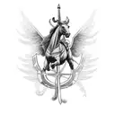 ukranian tryzub symbol tattoo bold, ukranian kozak warrior riding a horse as a mural over the existing trident  tattoo design idea