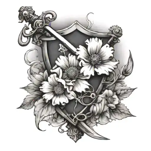 Sword and sheild with jasmine flowers a Poppy flower and a Daisy flower tattoo design idea