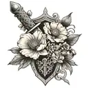 Sword and sheild with jasmine flowers a Poppy flower and a Daisy flower tattoo design idea