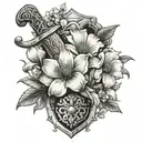 Sword and sheild with jasmine flowers a Poppy flower and a Daisy flower tattoo design idea