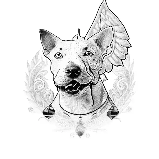 A dotwork tattoo of a bullterrier with wings, symbolizing loyalty and protection tattoo design idea