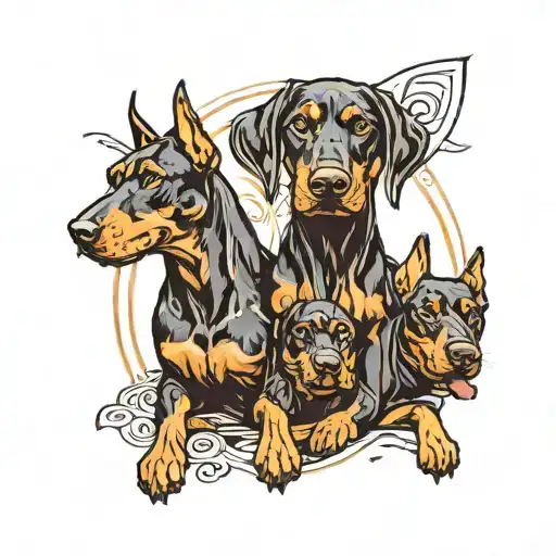 three doberman puppies playing and two big doberman dogs behind them protecting them  tattoo design idea