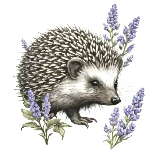 hedgehog with lavender flowers tattoo design idea